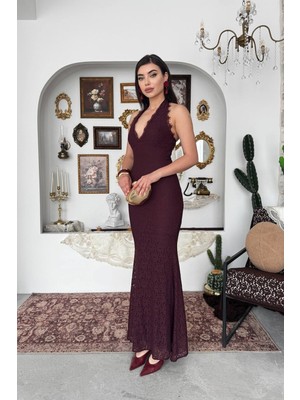 Caddebostan Moda Dantel Detaylı Sırt Dekolteli Askılı Abiye Midi Elbise