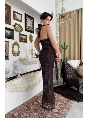 Caddebostan Moda Boyun Bağlamalı, Desenli, Simli, Yırtmaçlı, Şık Gece Elbisesi, Mezuniyet ve Abiye Elbise