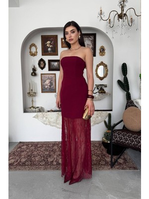 Caddebostan Moda Kadın Straplez Dantel Detaylı Midi Abiye Elbise