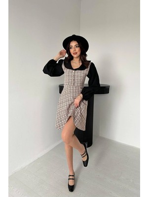 Caddebostan Moda Balon Kollu Tüvit Görünümlü Yakalı Kadın Mini Elbise