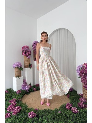 Caddebostan Moda Çiçek Desenli Ip Askılı Korseli Midi Elbise Yazlık Şık Askılı Elbise