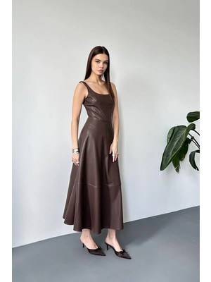Caddebostan Moda Kadın Askılı Suni Deri Midi Elbise Şık Günlük Elbise