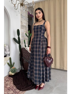 Caddebostan Moda Kare Yaka Ekose Desenli Askılı Midi Elbise Şık Yazlık Elbise