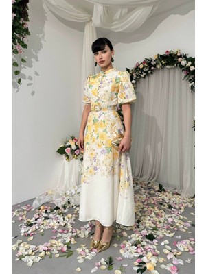 Caddebostan Moda Çiçek Desenli Düğmeli Kemerli Midi Elbise Şık Vintage Tasarım