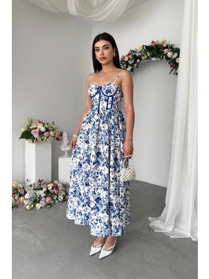 Caddebostan Moda Çiçek Desenli Ip Askılı Korseli Midi Elbise Şık Yazlık Elbise