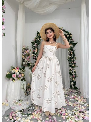 Caddebostan Moda Çiçek Nakışlı Ip Askılı Midi Elbise Yazlık Askılı Elbise
