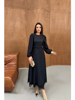 Caddebostan Moda Kemerli, Kabartmalı, Uzun Kollu, Simli, Dantel Detaylı Abiye Elbise