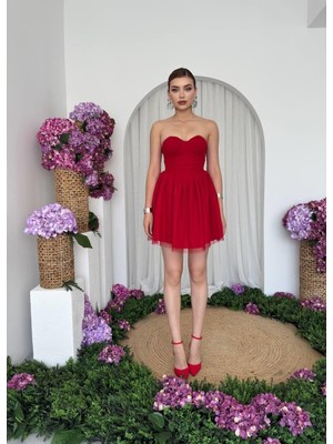Caddebostan Moda Straplez Tüllü Mini Abiye Elbise Mezuniyet ve Kokteyl Elbisesi