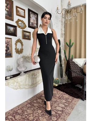 Caddebostan Moda Sırt Dekolteli Inci Detaylı Yaka Esnek Kumaş Midi Elbise