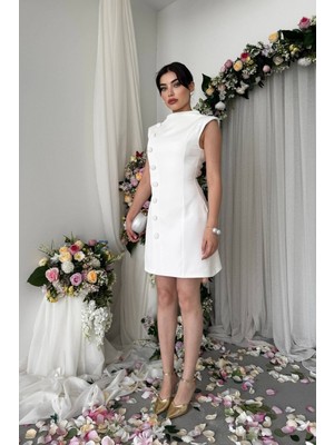 Caddebostan Moda Dik Yaka Düğme Detaylı Kolsuz Mini Elbise Şık Abiye