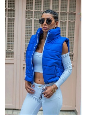 Veraura Lifestyle Saks Mavi Dik Yaka Beli Lastikli Cepli Kısa Şişme Yelek