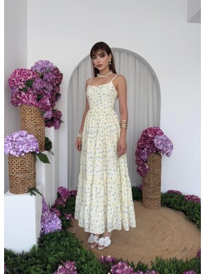 Caddebostan Moda Çiçek Desenli Ip Askılı Katlı Yazlık Uzun Elbise