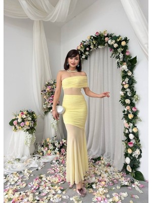 Caddebostan Moda Tül Detaylı, Tek Omuzlu, Dekolteli, Transparan Elbise, Mezuniyet ve Abiye Gece Elbisesi