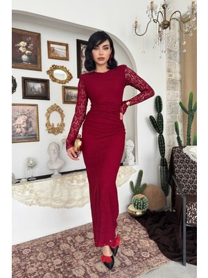 Caddebostan Moda Dantelli Uzun Kollu, Büzgü Detaylı, Sıfır Yaka Şık Midi Elbise - Davet ve Mezuniyet Elbisesi