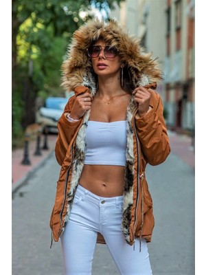 Veraura Lifestyle Kahverengi Kürk Kapüşonlu Içi Kürklü Beli Büzgülü Su Geçirmez Mont