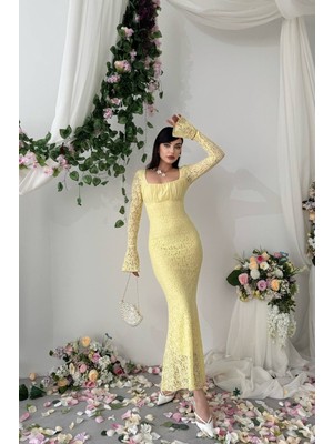 Caddebostan Moda Kare Yaka Uzun Kollu Dantelli Midi Elbise Şık Abiye