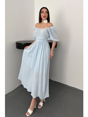 Caddebostan Moda Kare Yaka Büzgülü Belden Lastikli Müslin Elbise Yazlık Günlük Elbise