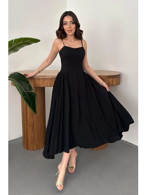 Caddebostan Moda Askılı Göğüs Kuplu Büzgülü Uzun Midi Elbise
