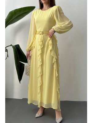 Caddebostan Moda Kemerli Şifon Detaylı Uzun Kollu Fırfırlı Maxi Elbise