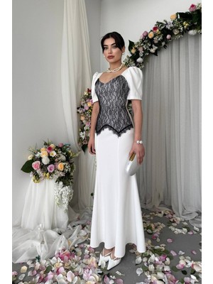 Caddebostan Moda Dantel Detaylı Balık Kesim Midi Elbise Şık Abiye Elbise