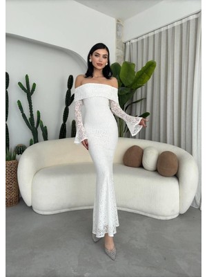 Caddebostan Moda Straplez Ispanyol Kol Dantel Elbise Mezuniyet Nişan Düğün Elbisesi