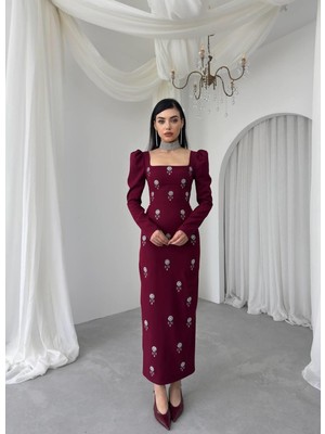 Caddebostan Moda Kare Yaka Taş Işlemeli Uzun Kollu Midi Elbise - Şık Özel Gün Abiye Elbise