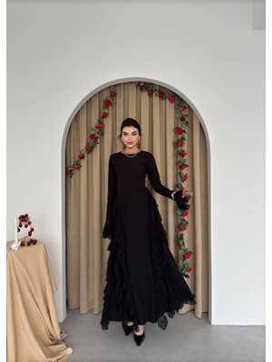 Caddebostan Moda Fırfır Detaylı Uzun Kollu Şık Abiye Elbise - Mezuniyet ve Özel Gün Elbisesi