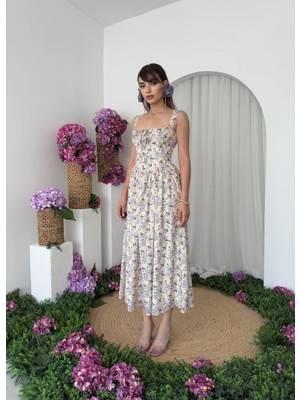 Caddebostan Moda Kare Yaka Ip Askılı Çiçek Desenli Vintage Görünümlü Midi Elbise