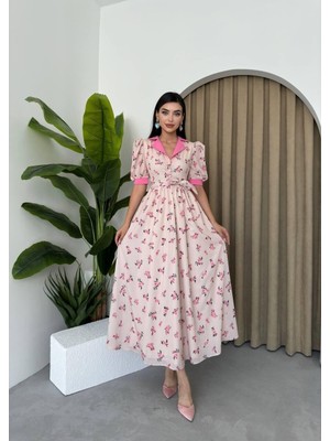 Caddebostan Moda Yakalı, Çiçek Desenli, Düğme Detaylı, Bel Bağlamalı, Kısa Kollu, Midi Boy Elbise