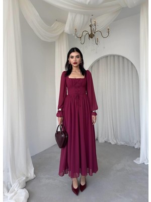 Caddebostan Moda Kare Yaka Uzun Kollu Şifon Korsaj Bağlama Detaylı Şık Maksi Elbise