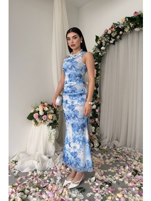 Caddebostan Moda Çiçek Desenli Sıfır Kol Büzgülü Midi Abiye Elbise