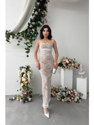 Caddebostan Moda Ip Askılı Dantel Detaylı Midi Elbise Şık Abiye Elbise