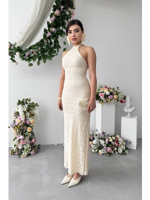 Caddebostan Moda Boyun Bağlamalı Dantel Detaylı Midi Elbise Şık Abiye