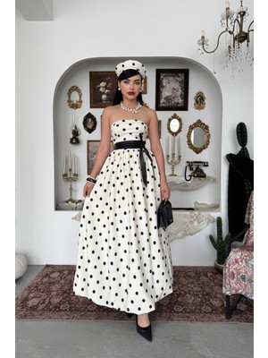 Caddebostan Moda Puantiye Desenli Straplez Elbise Midi Boy Şık Abiye Elbise