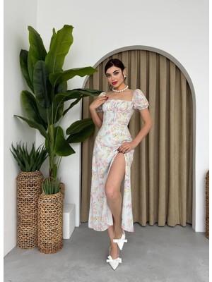 Caddebostan Moda Çiçek Desenli Kare Yaka Yırtmaçlı Balon Kol Elbise