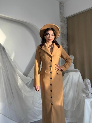 Caddebostan Moda Düğmeli Yaka Detaylı Uzun Ceket Elbise Şık Ofis Elbisesi