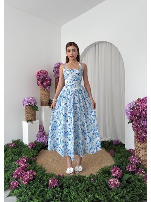 Caddebostan Moda Boyundan Bağlamalı, Çiçek Desenli, Kare Yaka, Belden Oturtmalı Yazlık Midi Elbise