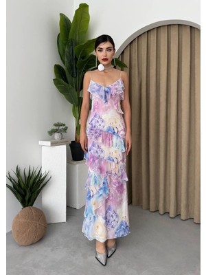 Caddebostan Moda Çiçek Desenli Ip Askılı Volanlı Şifon Uzun Elbise Midi Boy Yazlık Elbise