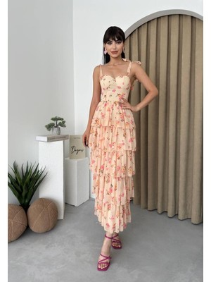 Caddebostan Moda Askılı Fırfırlı Çiçekli Midi Boy Elbise Kare Yaka Yazlık Şık Elbise