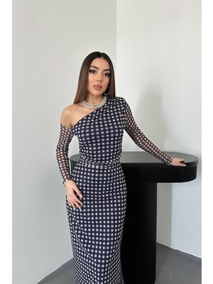 Caddebostan Moda Tek Omuzlu Uzun Kollu Ekose Desenli Tül Abiye Elbise