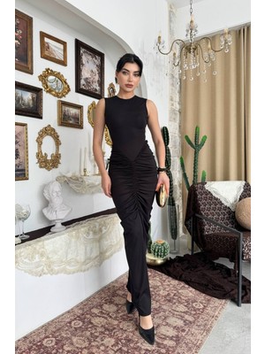 Caddebostan Moda Sırt Dekolteli, Büzgü Detaylı, Cut Out Uzun Abiye Elbise