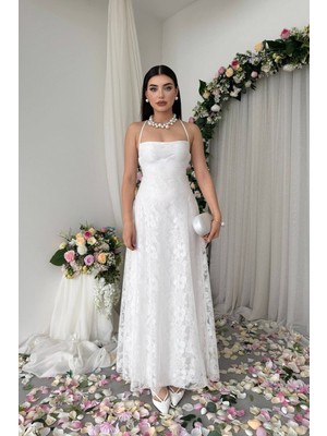 Caddebostan Moda Sırt Bağlamalı Dantel Detaylı Askılı Şık Uzun Elbise Mezuniyet ve Davet Elbisesi