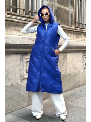 Veraura Lifestyle Saks Mavi Kapüşonlu Cepli Baklava Desen Uzun Şişme Yelek