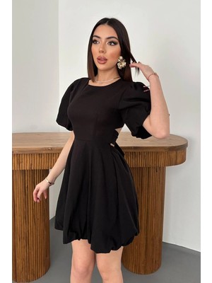 Caddebostan Moda Sırt Dekolteli Balon Kol Keten Elbise Arkadan Bağlamalı Mini Elbise