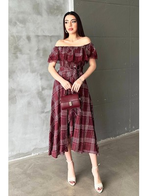 Caddebostan Moda Ispanyol Kol Dantel Detaylı Ekoseli Belden Bağlamalı Midi Elbise