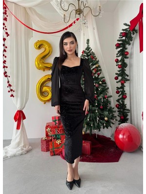 Caddebostan Moda Kare Yaka Balon Kol Şifon Detaylı Simli Kadife Midi Elbise Şık Özel Gün Gece Elbisesi