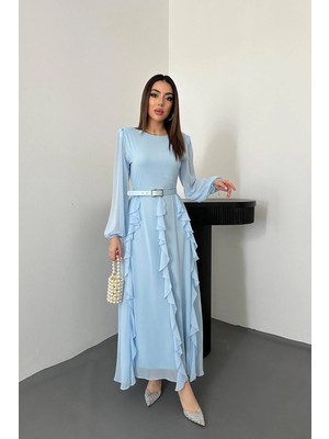 Caddebostan Moda Kemerli Şifon Detaylı Uzun Kollu Fırfırlı Maxi Elbise