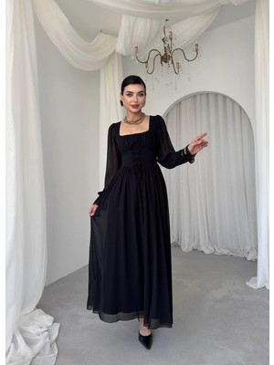 Caddebostan Moda Kare Yaka Uzun Kollu Şifon Korsaj Bağlama Detaylı Şık Maksi Elbise