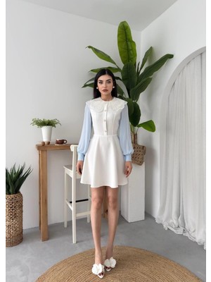 Caddebostan Moda Inci Detaylı Bebe Yaka Uzun Kollu Mini Elbise