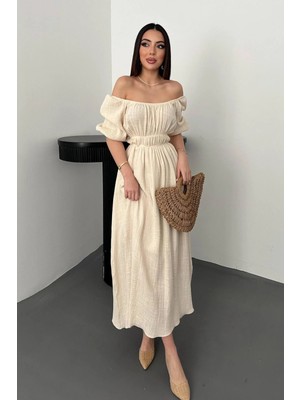 Caddebostan Moda Kare Yaka Büzgülü Belden Lastikli Müslin Elbise Yazlık Günlük Elbise